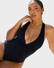 Plunge Ruched Twist-Front Shaping Swimsuit