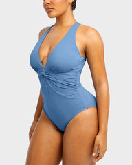 Plunge Ruched Twist-Front Shaping Swimsuit