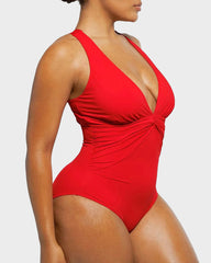 Plunge Ruched Twist-Front Shaping Swimsuit