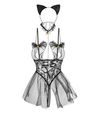 Sexy Lace-up Sheer Mesh Bell-adorned Open-crotch See-through Catgirl-style Chemise Nightgown