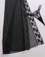See-through Mesh Sexy High-slit Chemise Long Nightgown Set