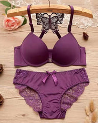 Front-fastening Underwire Butterfly Back Bra and Lace Patchwork Panty Set