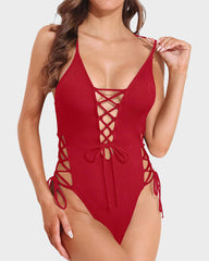 Deep Plunge V Neck High Cut Lace Up Swimsuit