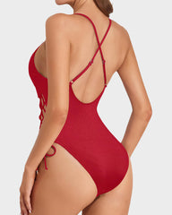 Deep Plunge V Neck High Cut Lace Up Swimsuit