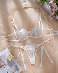 Sexy Flower Embroidered Mesh Lace Gathered Bra Set
