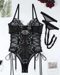 Criss Side Tie Sheer Floral Lace Bodysuits