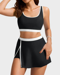 Sporty Color Block Side Slit Skirted Bikini Set