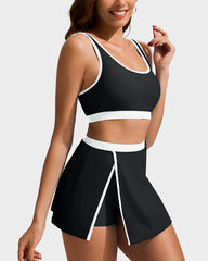 Sporty Color Block Side Slit Skirted Bikini Set