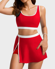 Sporty Color Block Side Slit Skirted Bikini Set