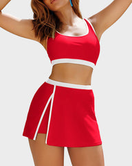 Sporty Color Block Side Slit Skirted Bikini Set