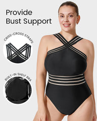 Striped Mesh Insert Cross-Over Halter Neck Swimsuit