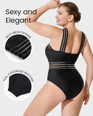 Striped Mesh Insert Cross-Over Halter Neck Swimsuit