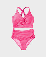 Textured Knot-Front High-Waisted Bikini Set