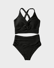 Textured Knot-Front High-Waisted Bikini Set