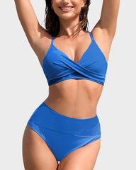 Twisted Front Color-Block High Waist Bikini Set