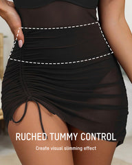 V-Neck Mesh Panel Tummy Control One-Piece Swimsuit