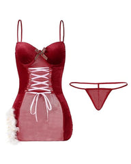 Christmas Bunny Ear Velvet Mesh See-through Sexy Nightgown Set