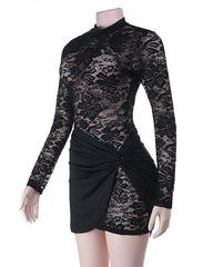 Sexy Lace See-through Round Neck Long-sleeved Bodycon Mini Dress