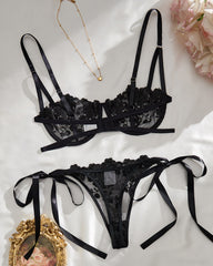 Sexy Flower Embroidered Mesh Lace Gathered Bra Set