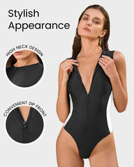 Zip Front High Neck Lace-Up Back Sculpting Swimsuit