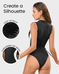 Zip Front High Neck Lace-Up Back Sculpting Swimsuit