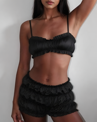 Satin Ruffle Pajama Set Ruched Cami Crop Top & Shorts Two-Piece Sleepwear