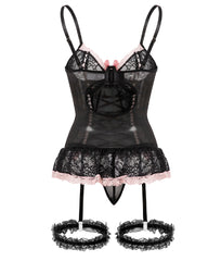 Gathered Contrast Color Sexy See-Through Lace Bow With Leg Cover Pajamas Set