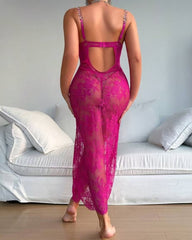 Sexy Floral Lace Mesh See-through Long Camisole Nightgown