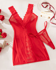 Sexy Deep V Lace Mesh Tie-up See-Through Nightdress Set