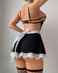 Sexy Lace Patchwork Open Back Maid Uniform Lingerie Set