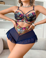 Sexy Semi Transparent Mesh Colorful Floral Embroidery Bodysuit