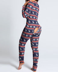 Christmas Deep V-neck Long-sleeved Back Button Closure Jumpsuit PJajama