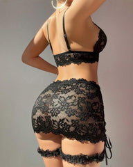 Sexy V Neck Lace Trimmed Strappy Lingerie Set