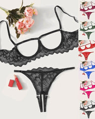 Sexy Lace Hollow Anti-Sagging Bra and Crotchless Thong Set