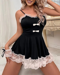Black Lace Trim Bow Detail Babydoll Mini Dress Lingerie Set