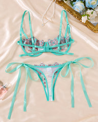 Sexy Flower Embroidered Mesh Lace Gathered Bra Set