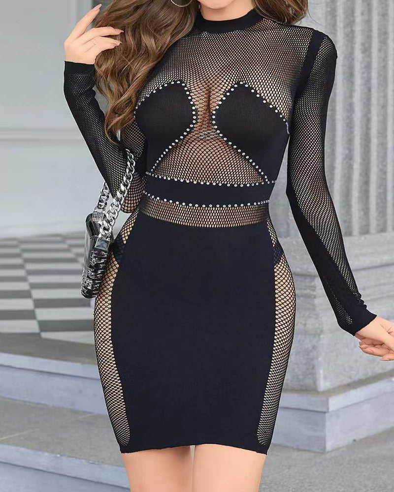Round Neck Long Sleeve Slim Fit Sexy Hollow-out Bodycon Dress