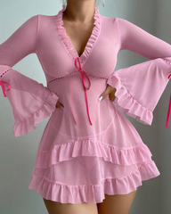 Sexy Sheer Mesh Ruffle Long Sleeve Babydoll Lingerie