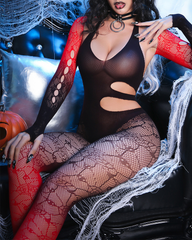 Sexy Black & Red Lace Cutout Fishnet Bodystocking