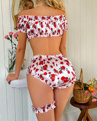 Rose Print Ruffle Lingerie Set with Thigh Garter