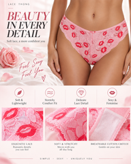 3-Pack Floral Lace Semi-Sheer Low-Rise Briefs Panties with Lip Print