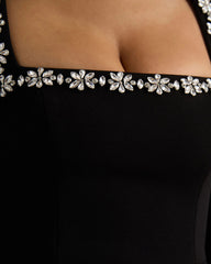 Black Crepe Rhinestone Square Neck Sheer Mesh Long-sleeved Mini Dress