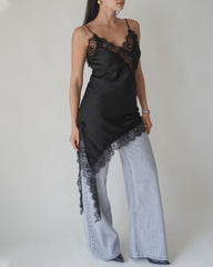 Sexy V-neck Ice Silk Lace Patchwork Asymmetrical Casual Suspender Mini Dress