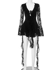 Sexy Lace Ribbon Tie-up Flared Long-sleeved Dress