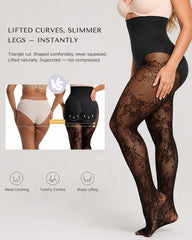 High Waist Control Tummy Floral Lace Shaping Pantyhose