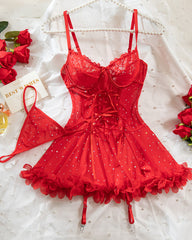 Sexy French-style Lace Mesh Sequined Lingerie Set
