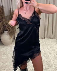 Sexy V-neck Ice Silk Lace Patchwork Asymmetrical Casual Suspender Mini Dress