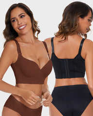 Full-Coverage V-Neck Back Smoothing Bra- Black+Brown (2 Pack)