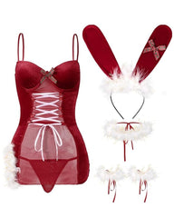 Christmas Bunny Ear Velvet Mesh See-through Sexy Nightgown Set
