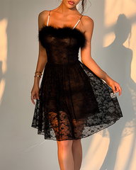 Sexy Feather Trim Floral Lace Midi Nightdress